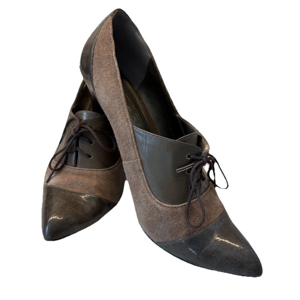 Mode Spana Vintage Woman's 8.5 Oxford Pumps W/Lace Up Brown Taupe Glossy Cap Toe - Picture 2 of 10